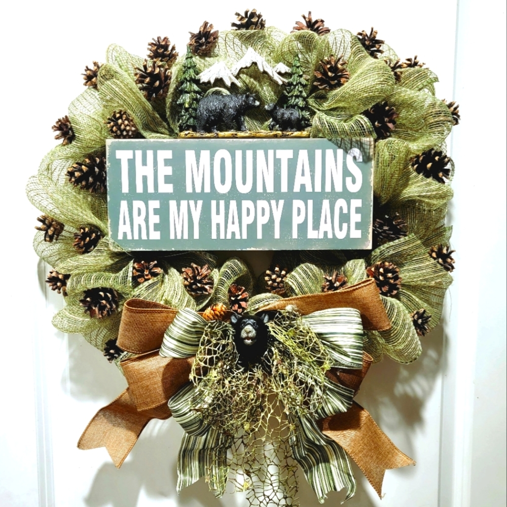 Bear Pinecone Mountain Love Wreath Deco Mesh Bow Dad Father's Day Birthday Cabin